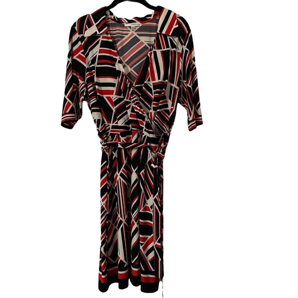 Studio One Womens Faux Wrap Dress Size L Red Black White Belt Tie
